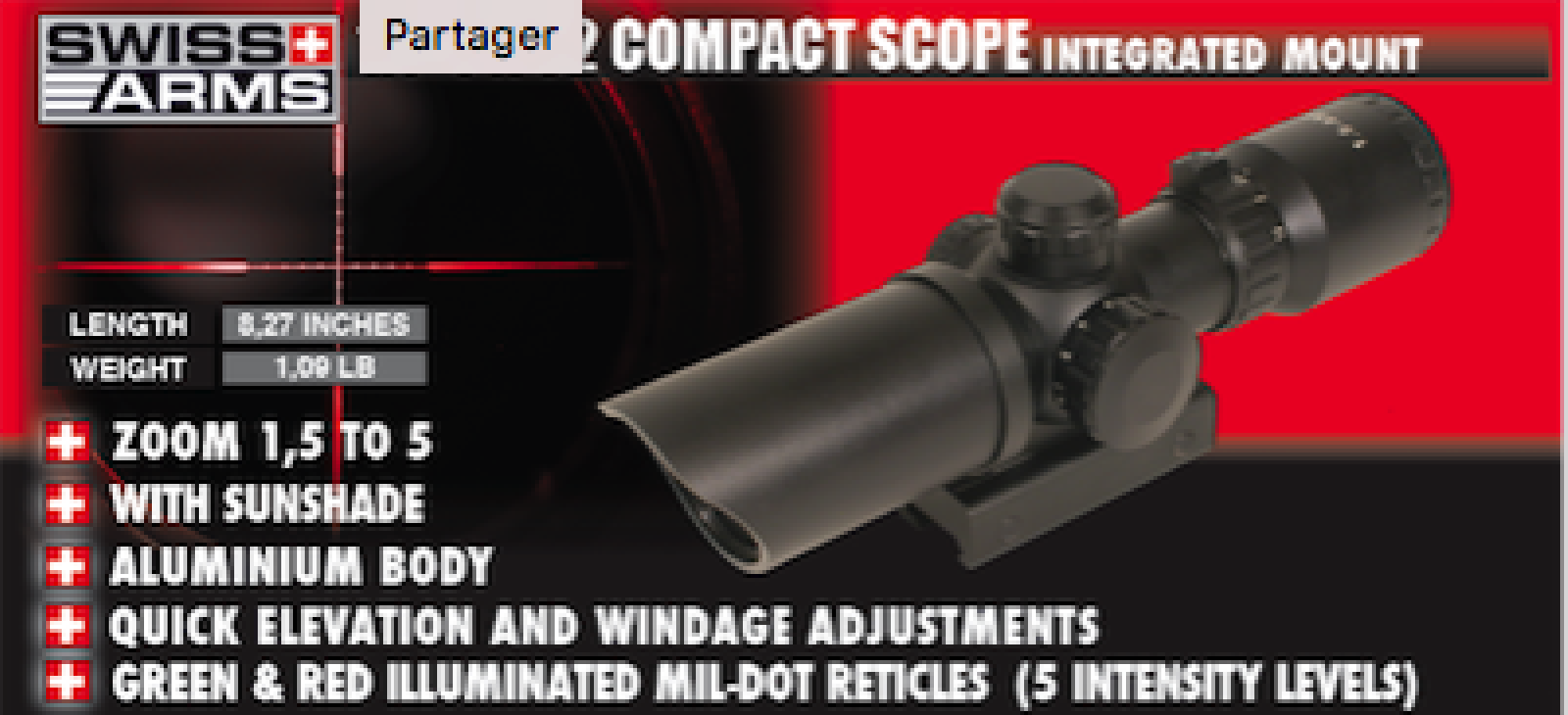 SWISS ARMS Aiming Scope Compact 1.5-5 x 32 Green/Red Reticle 5 levels/C24