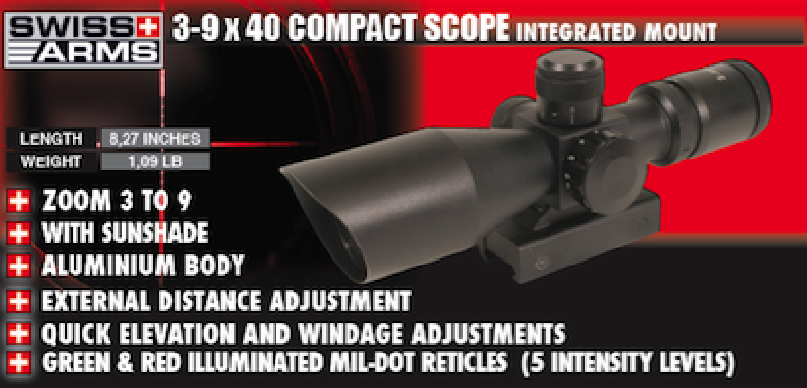 SWISS ARMS Scope Compact 3-9 X 40 Integrated Protection from Sun/C24-6
